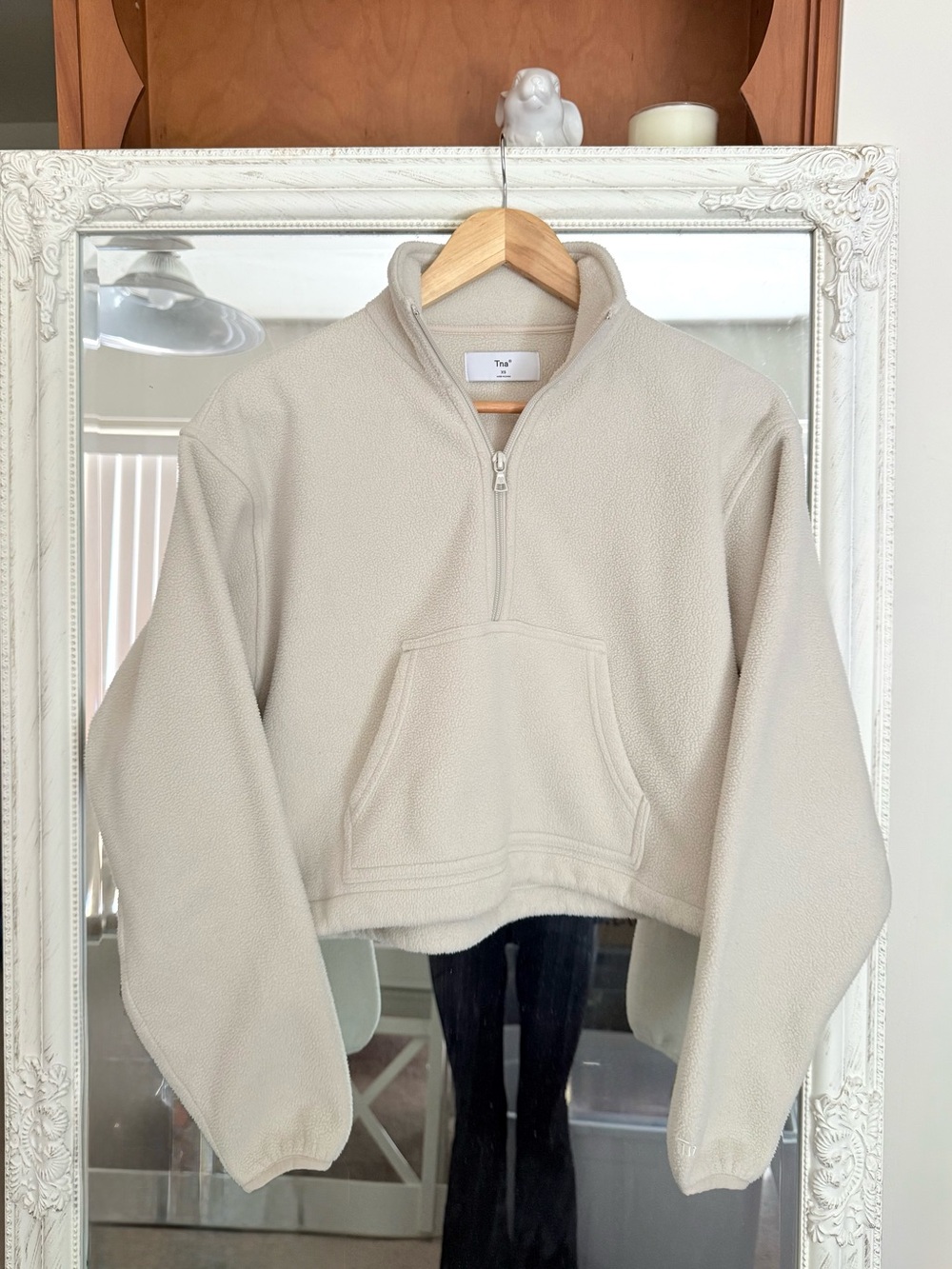 Aritzia TNA Half-Zip Crop Fleece Pullover Sweater in Light Cream